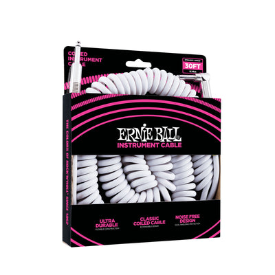Ernie Ball P06045 Ultraflex Coiled Straight to Right Angle Instrument Cable - 30 Foot - White - 2