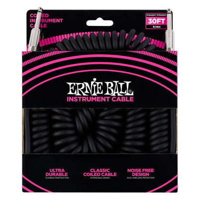 Ernie Ball P06044 Ultraflex Coiled Straight to Straight Instrument Cable - 30 Foot - Black - 1