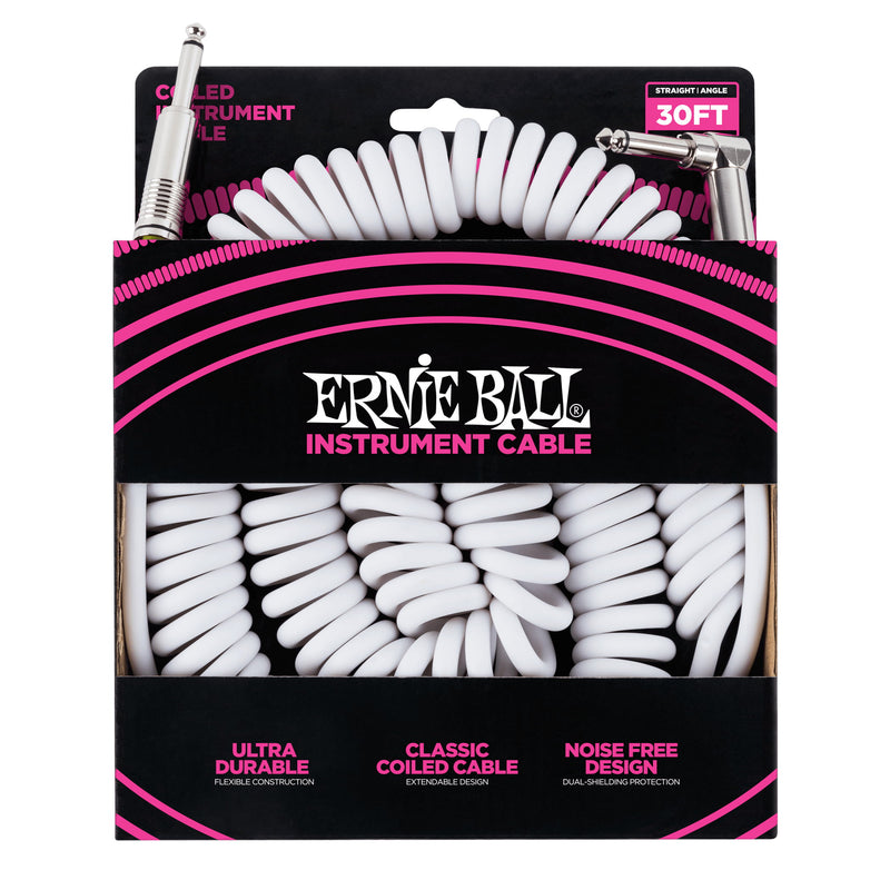 Ernie Ball P06045 Ultraflex Coiled Straight to Right Angle Instrument Cable - 30 Foot - White - 1