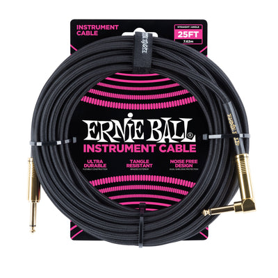 Ernie Ball P06058 Braided Straight to Right Angle Instrument Cable - 25 Foot - Black - 1
