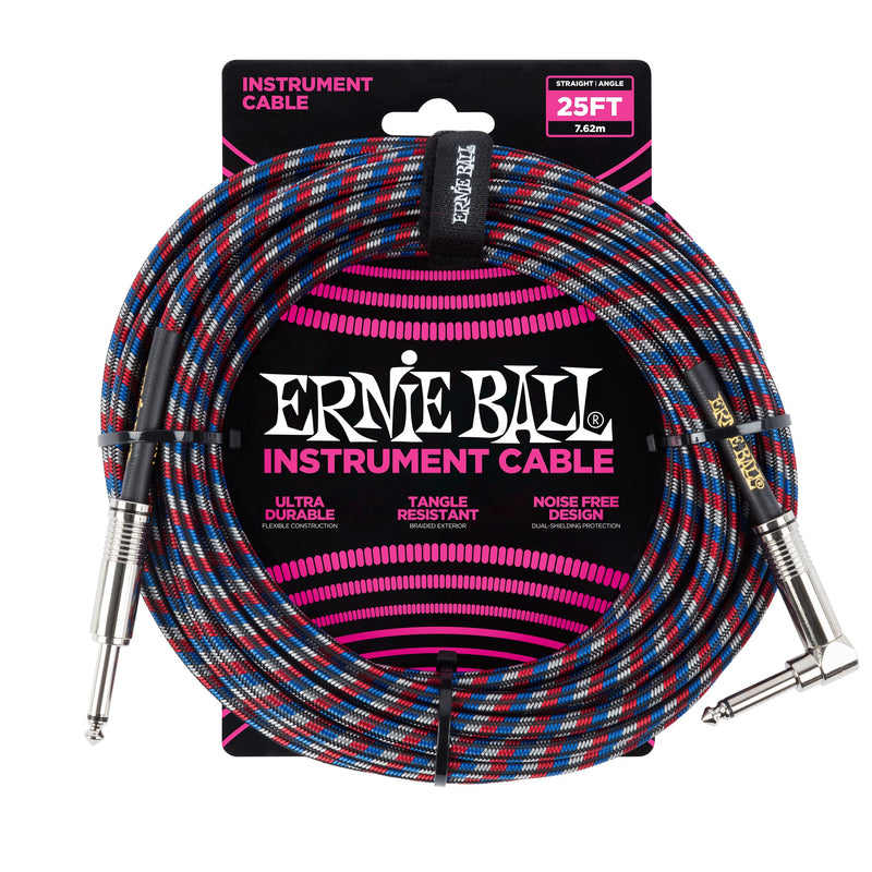 Ernie Ball P06063 Braided Straight to Right Angle Instrument Cable - 25 Foot - Red/White/Blue - 1