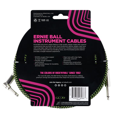 Ernie Ball P06066 Braided Straight to Right Angle Instrument Cable - 25 Foot - Black/Green - 2
