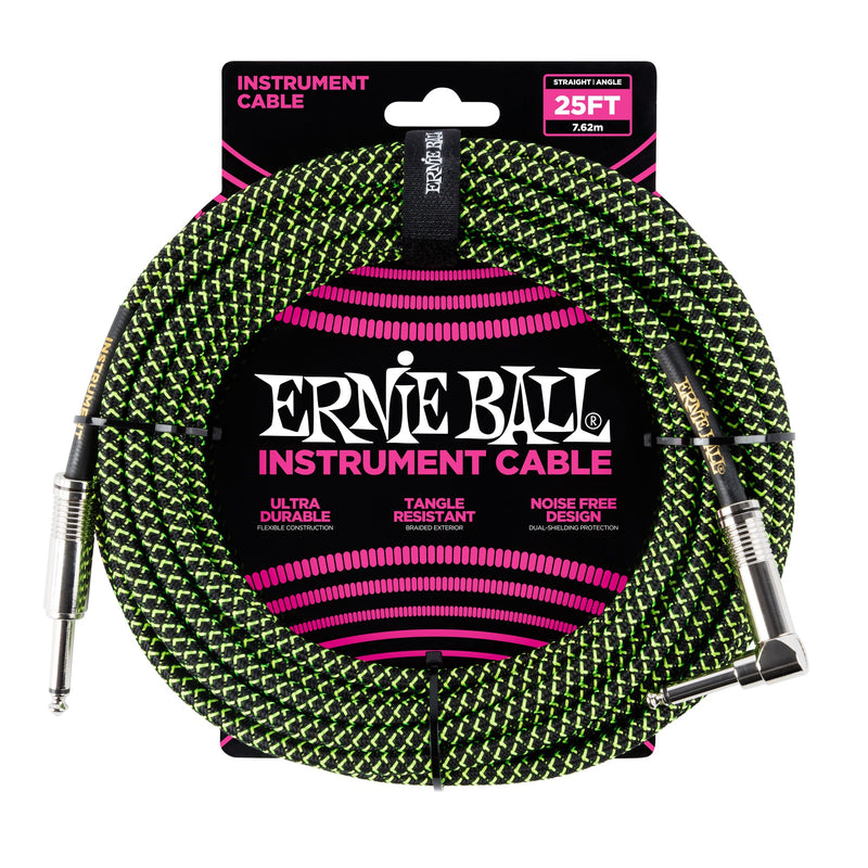 Ernie Ball P06066 Braided Straight to Right Angle Instrument Cable - 25 Foot - Black/Green - 1