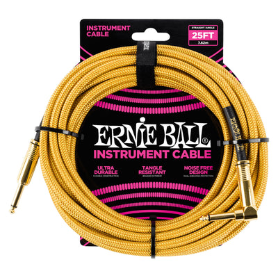 Ernie Ball P06070 Braided Straight to Right Angle Instrument Cable - 25 Foot - Gold - 1