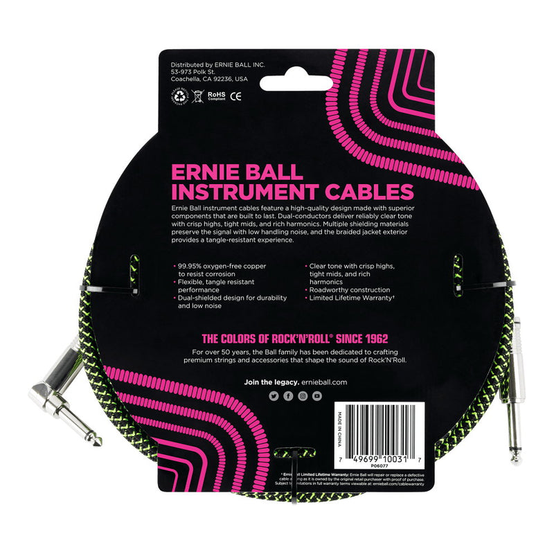 Ernie Ball P06077 Braided Straight to Right Angle Instrument Cable - 10 Foot - Black/Green - 2