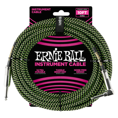 Ernie Ball P06077 Braided Straight to Right Angle Instrument Cable - 10 Foot - Black/Green - 1