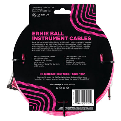 Ernie Ball P06078 Braided Straight to Right Angle Instrument Cable - 10 Foot - Neon Pink - 2