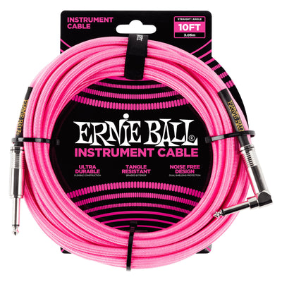 Ernie Ball P06078 Braided Straight to Right Angle Instrument Cable - 10 Foot - Neon Pink - 1