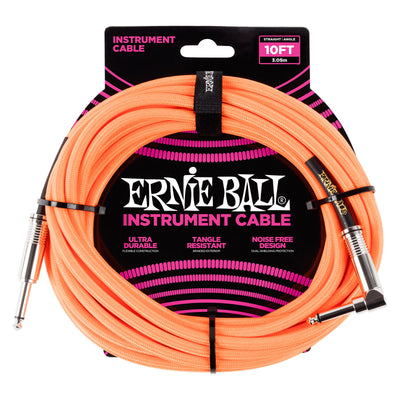 Ernie Ball P06079 Braided Straight to Right Angle Instrument Cable - 10 Foot - Neon Orange - 1