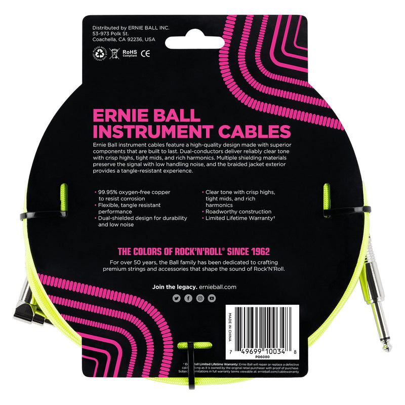 Ernie Ball P06080 Braided Straight to Right Angle Instrument Cable - 10 Foot - Neon Yellow - 2