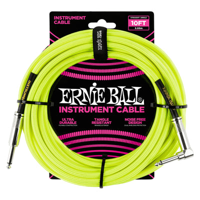 Ernie Ball P06080 Braided Straight to Right Angle Instrument Cable - 10 Foot - Neon Yellow - 1
