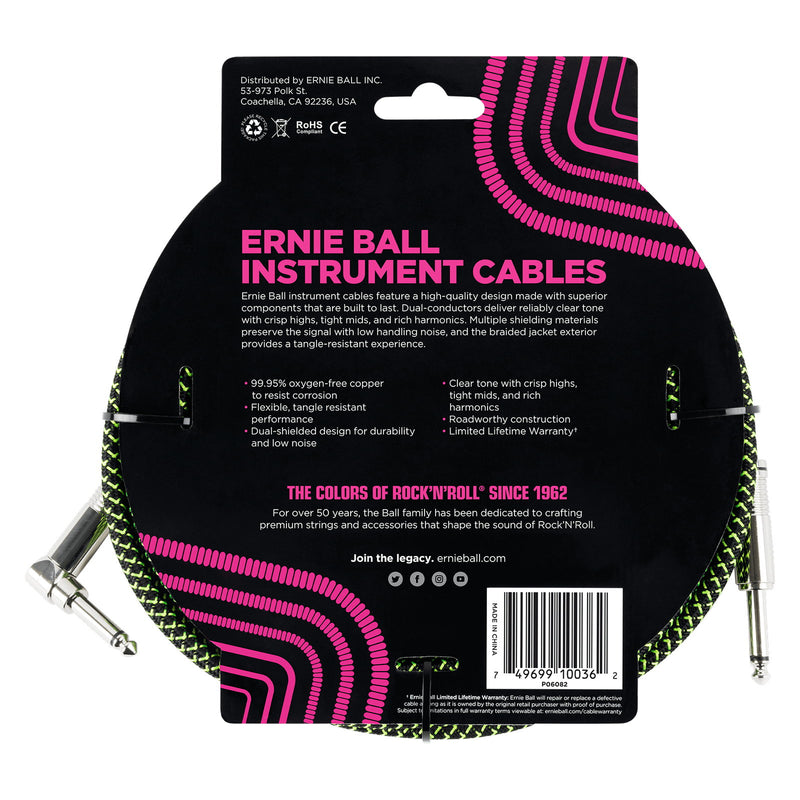 Ernie Ball P06082 Braided Straight to Right Angle Instrument Cable - 18 Foot - Black/Green - 2