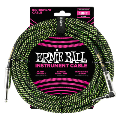 Ernie Ball P06082 Braided Straight to Right Angle Instrument Cable - 18 Foot - Black/Green - 1