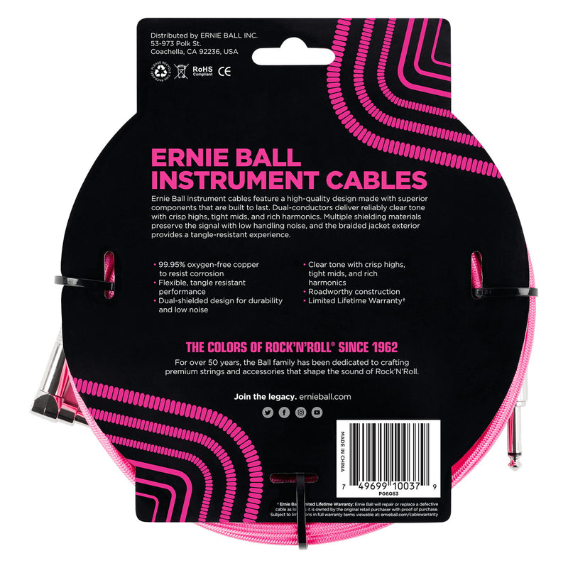 Ernie Ball P06083 Braided Straight to Right Angle Instrument Cable - 18 Foot - Neon Pink - 2