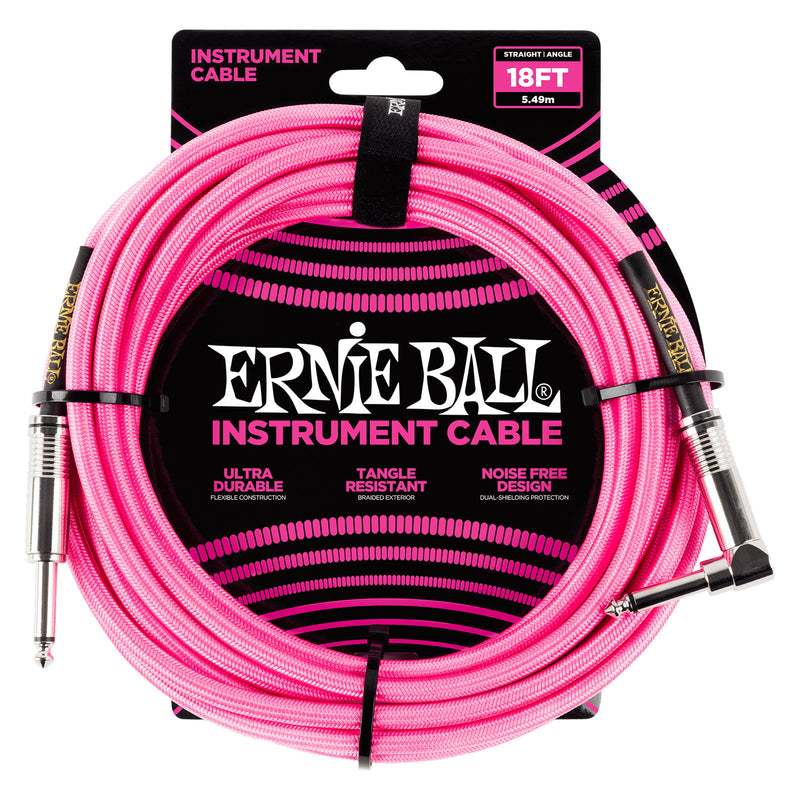 Ernie Ball P06083 Braided Straight to Right Angle Instrument Cable - 18 Foot - Neon Pink - 1