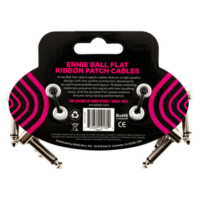 Ernie Ball P06220 Flat Ribbon Right Angle to Right Angle Instrument Patch Cables - 3 Inch - 3-Pack - Black - 2