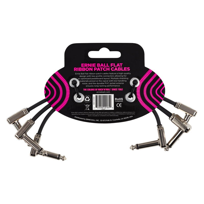 Ernie Ball P06221 Flat Ribbon Right Angle to Right Angle Instrument Patch Cables - 6 Inch - 3-Pack - Black - 2