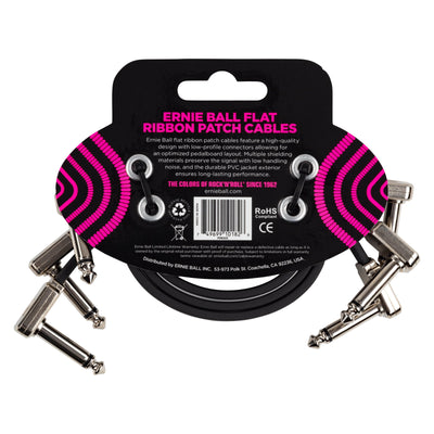 Ernie Ball P06222 Flat Ribbon Right Angle to Right Angle Instrument Patch Cables - 1 Foot - 3-Pack - Black - 2