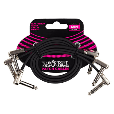 Ernie Ball P06222 Flat Ribbon Right Angle to Right Angle Instrument Patch Cables - 1 Foot - 3-Pack - Black - 1
